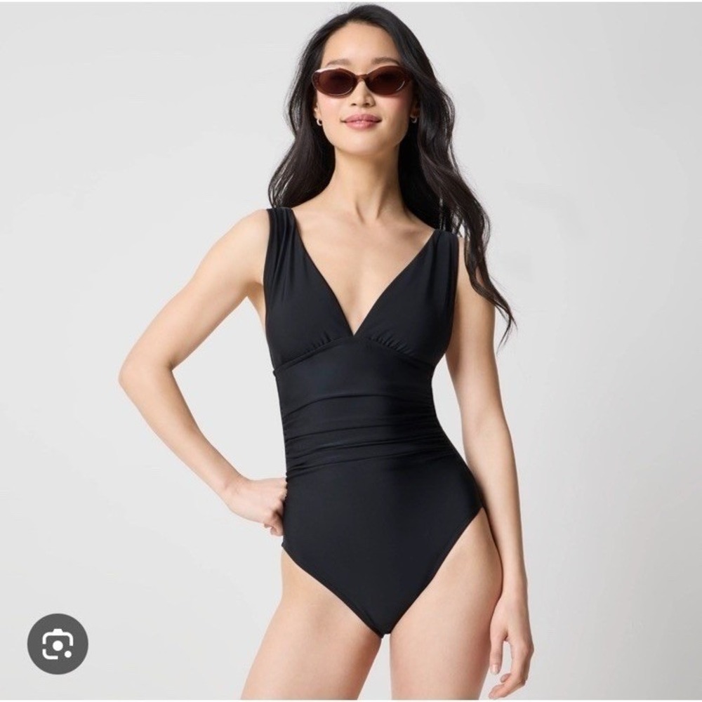 J Crew Factory NWT Ruched‎ plunge one-piece swimsuit Black Large swim pool beach